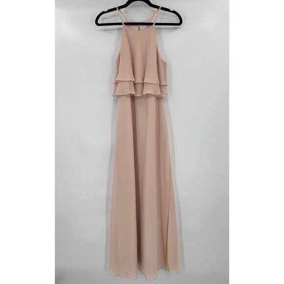 JENNY YOO Charlie Halter Top Ruffle Chiffon Maxi Dress Gown Size 2 - Picture 2 of 7